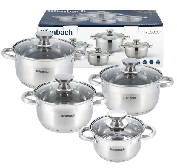 Набор кастрюль 8 предметов из нержавеющей стали Ofenbach NB 100004 (1,1 л; 1,7 л; 2,4 л; 3,4 л)